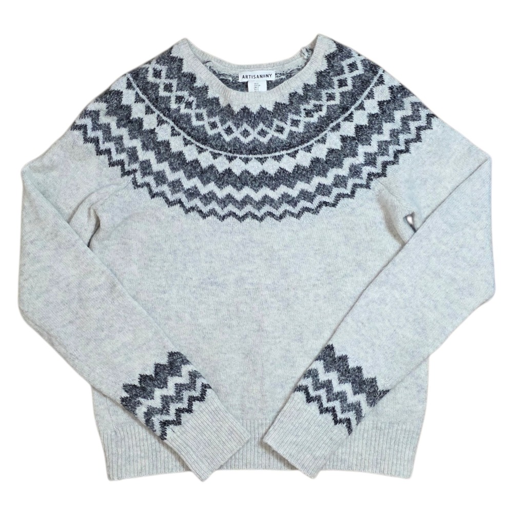 Fair Isle Sweater Womens Small Nordic Wool Blend Gray Winter Cozy Crewneck